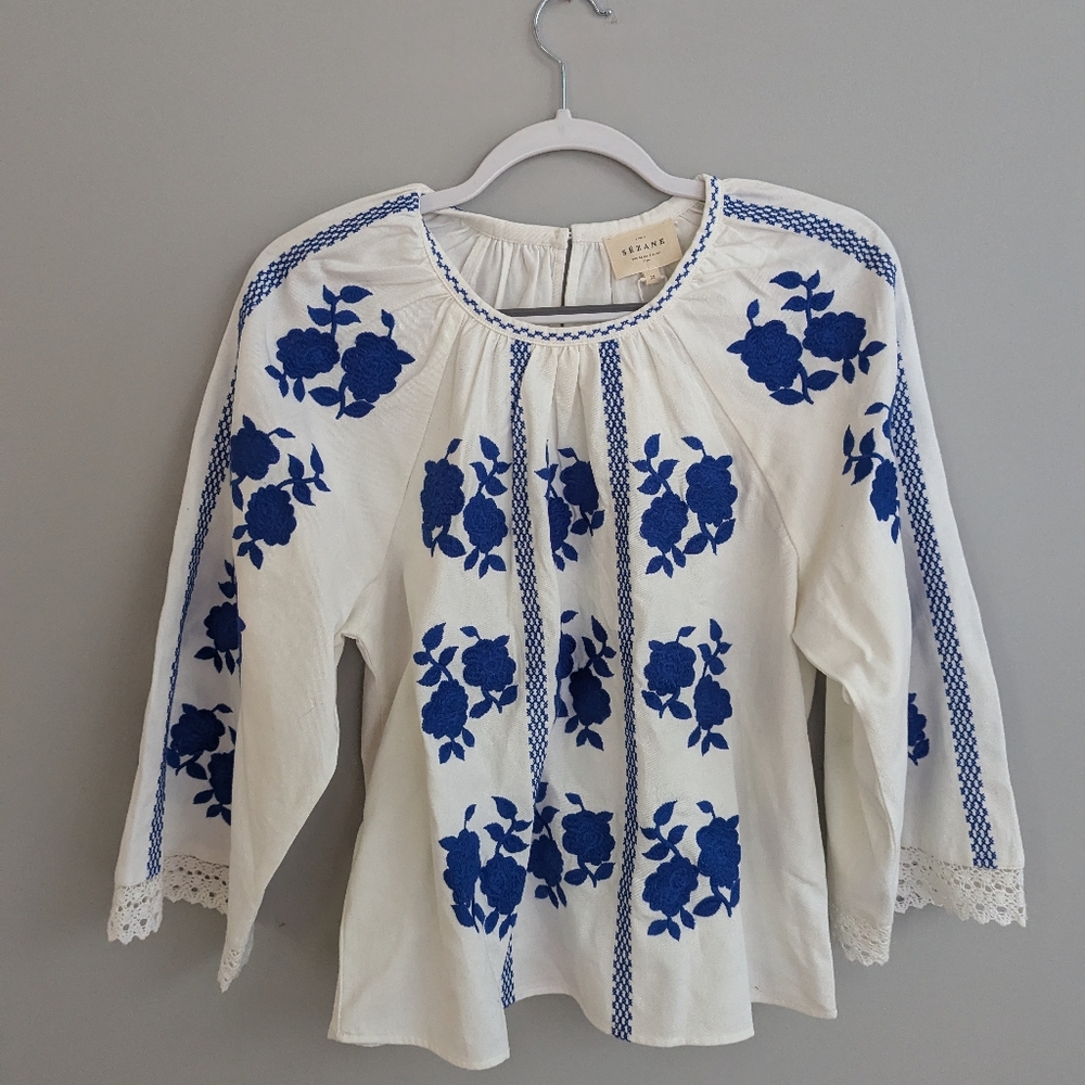 Sezane White and Blue Embroidered Blouse